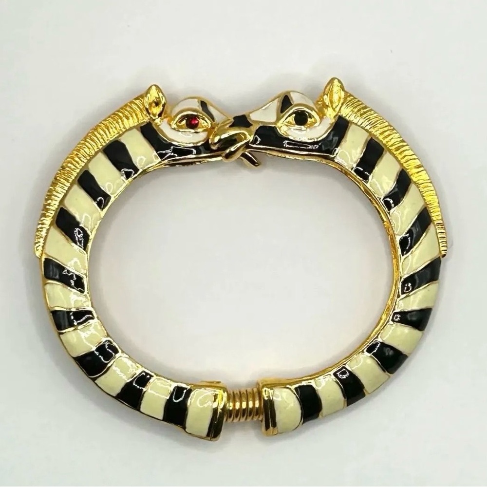 Kenneth Jay Lane Gold-Tone Black & Cream Enamel Zebra Bangle Bracelet
